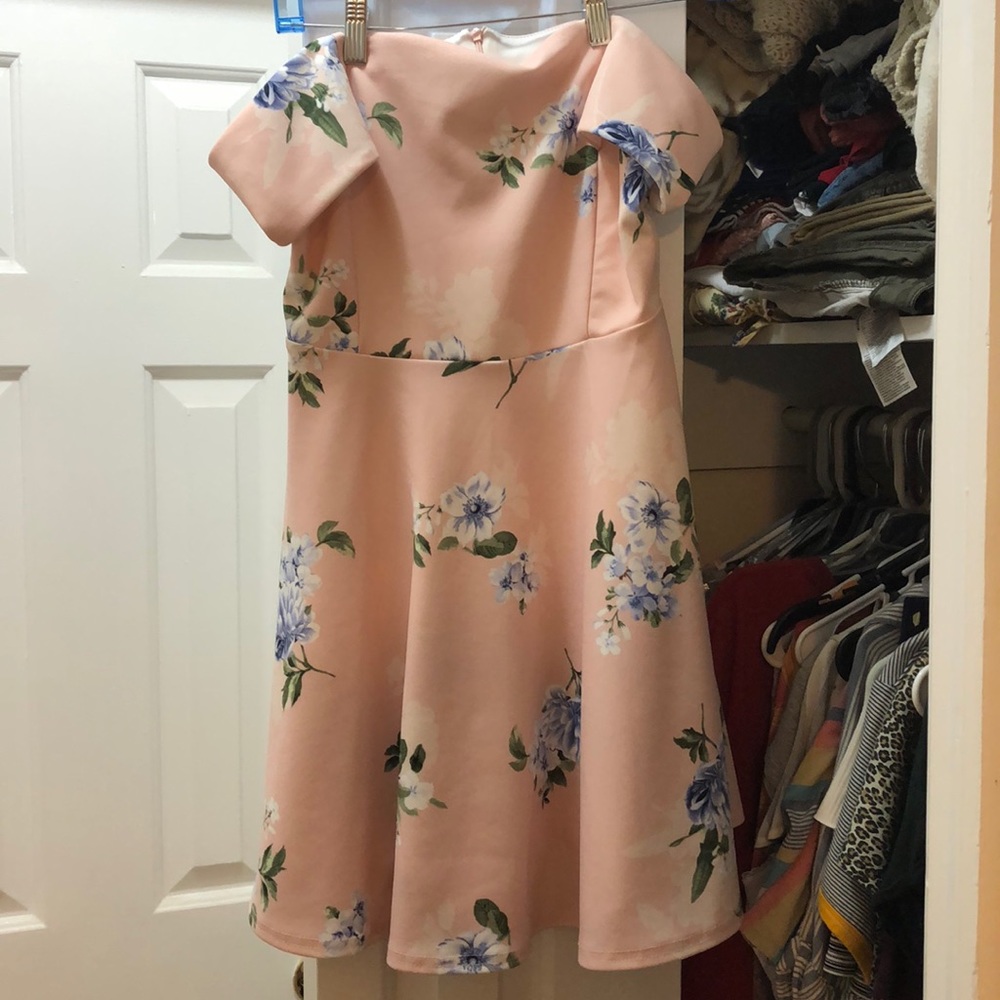 adorable pink floral off the shoulder mini dress